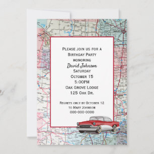 Vintage Buick on Roap Map Invitation