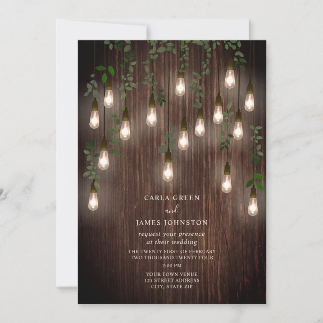 Vintage Bulbs Botanical Rustic Wood Wedding Invitation (Front)