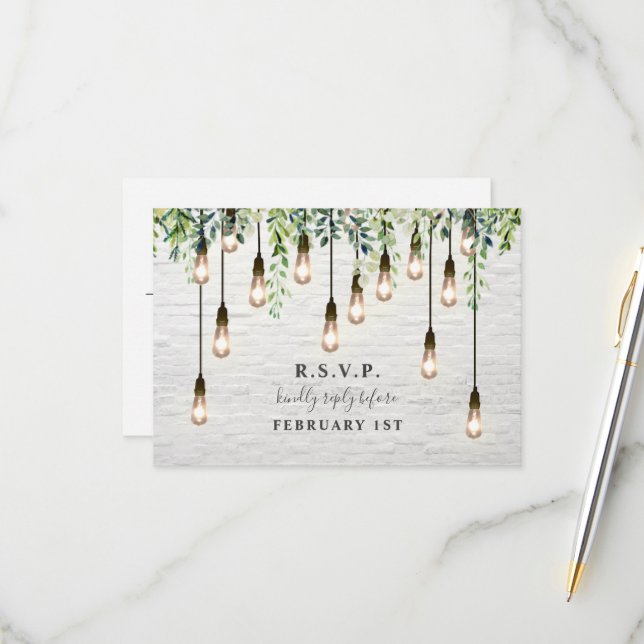 Vintage Bulbs Greenery White Brick Wedding  RSVP Card (Front/Back In Situ)