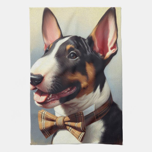 Vintage Bull Terrier Painting Portrait Tea Towel (Vertical)