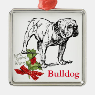 Vintage Bulldog -Add Name- 'Glitter' Bow Christmas Metal Tree Decoration