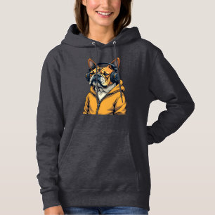 Vintage Bulldog in Headphones Wearing Hoodie Music