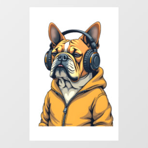 Vintage Bulldog in Headphones Wearing Hoodie Music