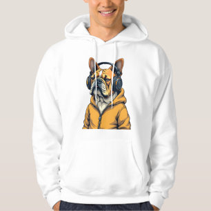 Vintage Bulldog in Headphones Wearing Hoodie Music