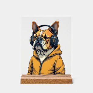 Vintage Bulldog in Headphones Wearing Hoodie Music Acrylic Sign