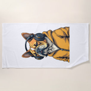 Vintage Bulldog in Headphones Wearing Hoodie Music Beach Towel