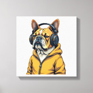 Vintage Bulldog in Headphones Wearing Hoodie Music Canvas Print