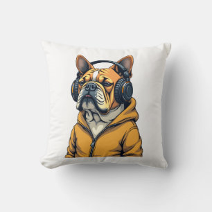 Vintage Bulldog in Headphones Wearing Hoodie Music Cushion