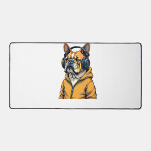 Vintage Bulldog in Headphones Wearing Hoodie Music Desk Mat