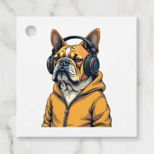 Vintage Bulldog in Headphones Wearing Hoodie Music Favour Tags