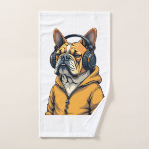 Vintage Bulldog in Headphones Wearing Hoodie Music Hand Towel