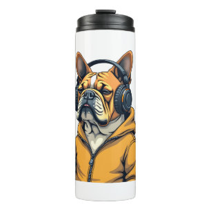 Vintage Bulldog in Headphones Wearing Hoodie Music Thermal Tumbler