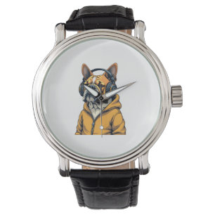 Vintage Bulldog in Headphones Wearing Hoodie Music Watch