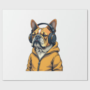 Vintage Bulldog in Headphones Wearing Hoodie Music Wrapping Paper