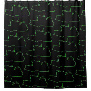 VINTAGE BULLDOZER NEON GREEN ON BLACK SHOWER CURTAIN
