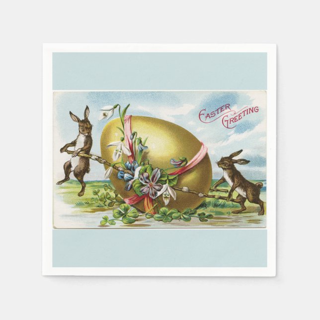 Vintage Bunnies and Golden Easter Egg Blue Napkin (Front)