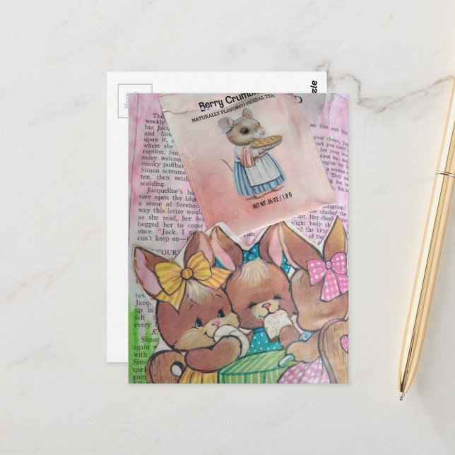 Vintage Bunnies and Mouse Collage Postcard (Front/Back In Situ)