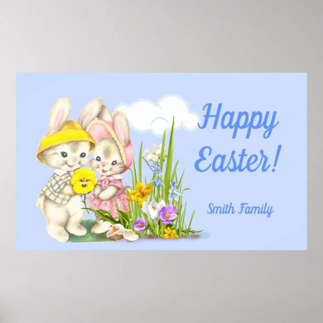 Vintage Bunnies & Flowers Happy Easter Poster (Front)
