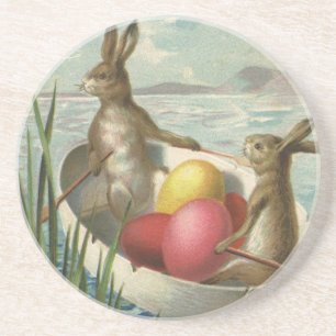 Vintage Bunnies in Boat, Loving Easter Greetings Coaster