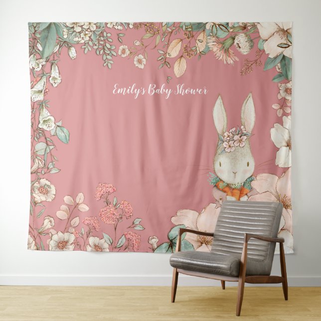 Vintage Bunny Baby Shower Backdrop landscape Pink Tapestry (In Situ (Horizontal))