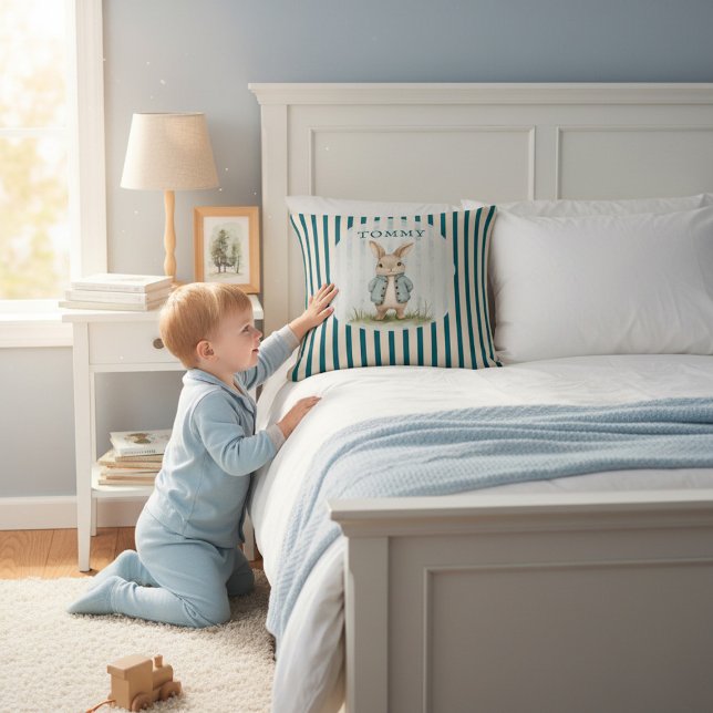 Vintage Bunny Blue Jacket Children's Name Pillow (Creator Uploaded)