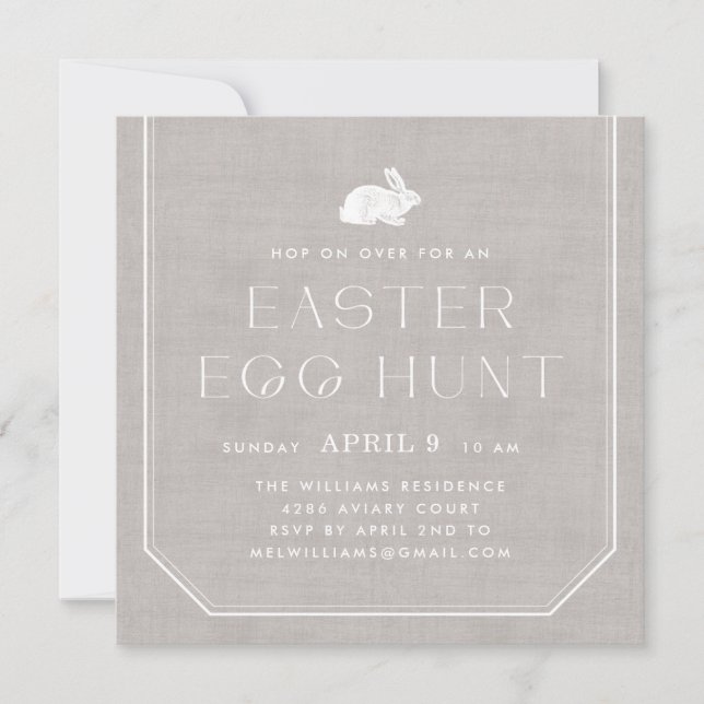 Vintage Bunny Easter Egg Hunt Invitation - Grey (Front)