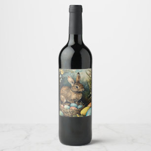 Vintage Bunny Easter Eggs Forest Wine Label
