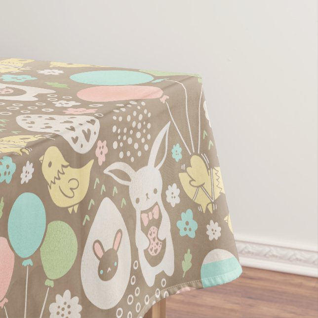 Vintage Bunny Eggs Chicks Pastel Brown Easter Tablecloth (In Situ)