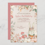Vintage Bunny Floral 1st Birthday Girl Invitation<br><div class="desc">Vintage Bunny Floral 1st Birthday Girl Invitation. Woodland charm to invite your guests to the first birthday party of your little girl, with this illustration of a cute bunny peaking from behind blush and cream florals and leaves on a creamy peach coloured background. Easily personalise the words to your own...</div>