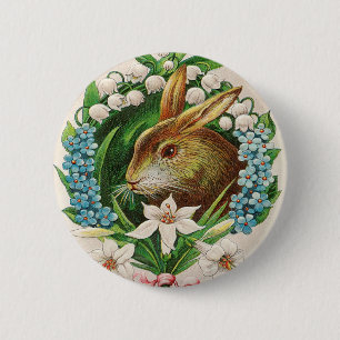 Vintage Bunny Floral Wreath Easter Greetings 6 Cm Round Badge