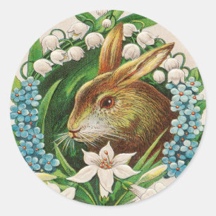 Vintage Bunny Floral Wreath Easter Greetings Classic Round Sticker