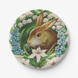 Vintage Bunny Floral Wreath Easter Greetings Paper Plate