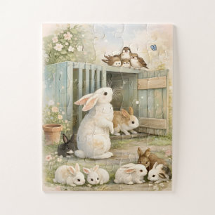 Vintage Bunny Garden Illustration   Cottagecore  Jigsaw Puzzle