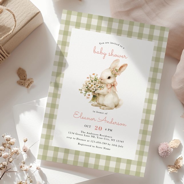 Vintage Bunny Gingham Baby Shower Invitation (Creator Uploaded)