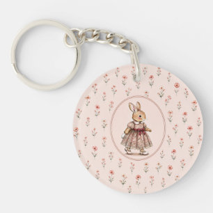 Vintage Bunny Girl Keychain Floral Rabbit Key Ring