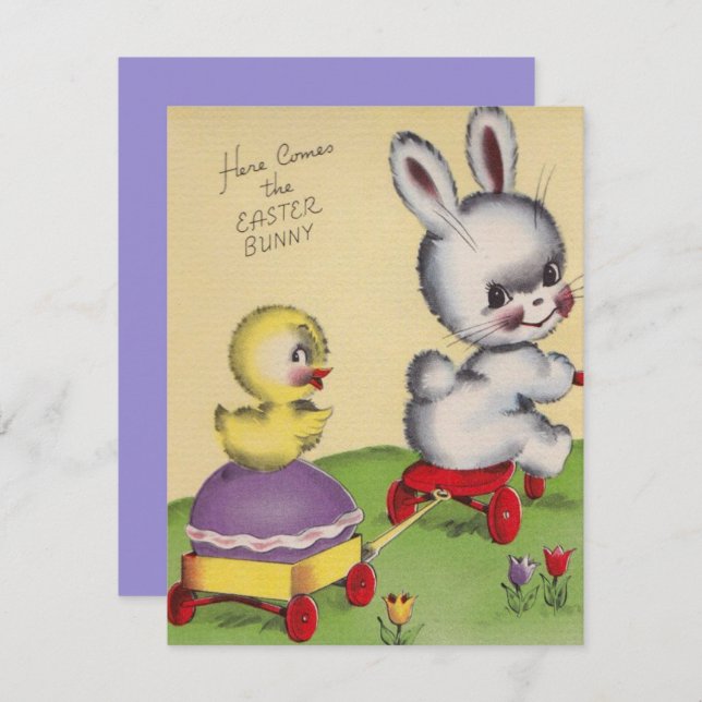 Vintage Bunny Here Comes Easter Bunny Holiday Card (Front/Back)