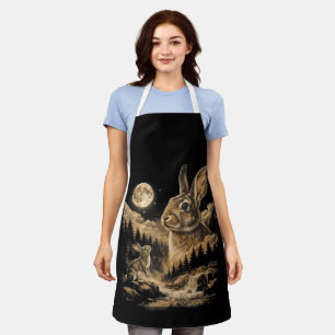 Vintage Bunny Howling to the Moon Rabbit Night Art Apron