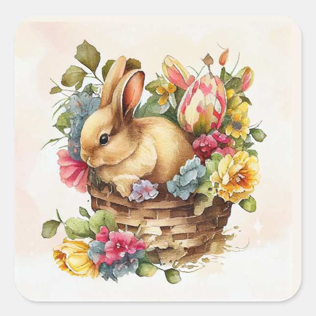 Vintage Bunny Pink Yellow Flowers Spring Square Sticker (Front)