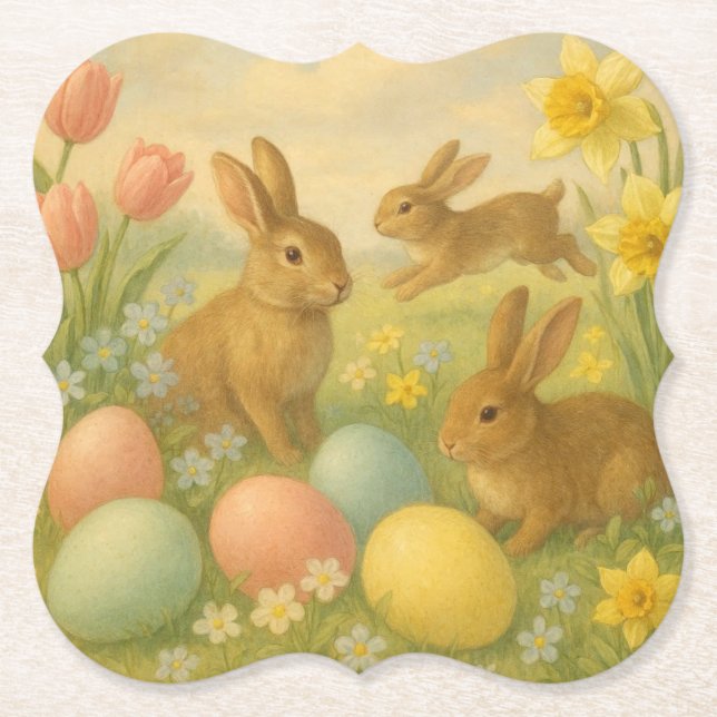 Vintage Bunny/Rabbit Easter Egg/Spring  Paper Coaster (Front)