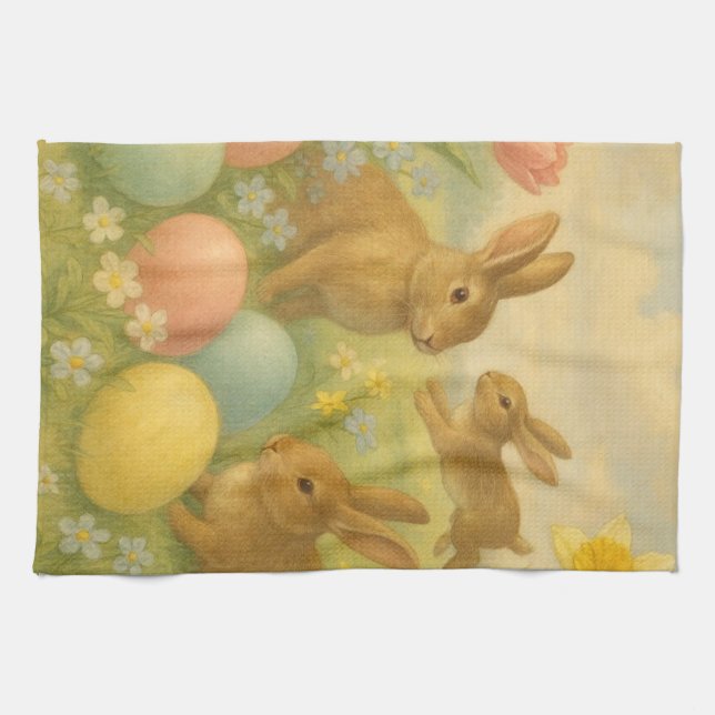 Vintage Bunny/Rabbit Easter Egg/Spring   Tea Towel (Horizontal)