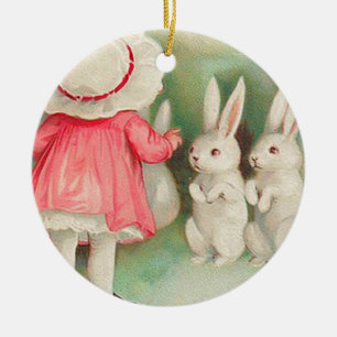 Vintage Bunny Rabbits Easter Greeting Ceramic Tree Decoration