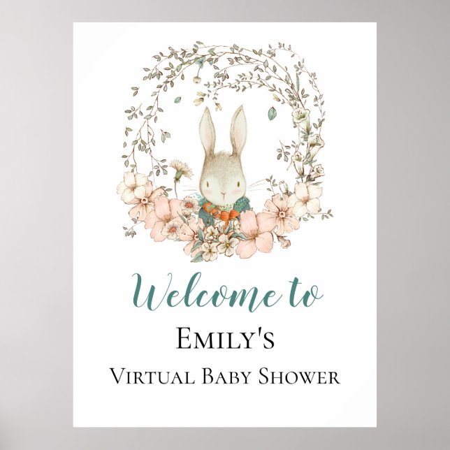 Vintage Bunny Script Welcome Virtual Baby Shower Poster (Front)