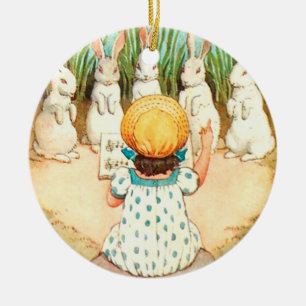Vintage Bunny Singing with Child Easter Greeting Ceramic Tree Decoration