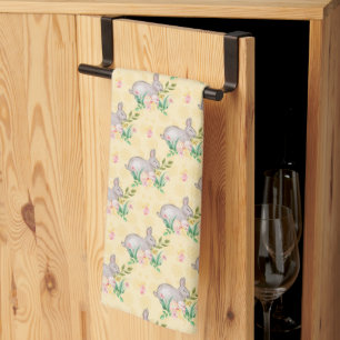 Vintage Bunny Spring Flowers Yellow Easter Tea Towel