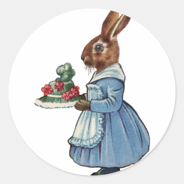 Vintage Bunny with Cake Classic Round Sticker (Front)
