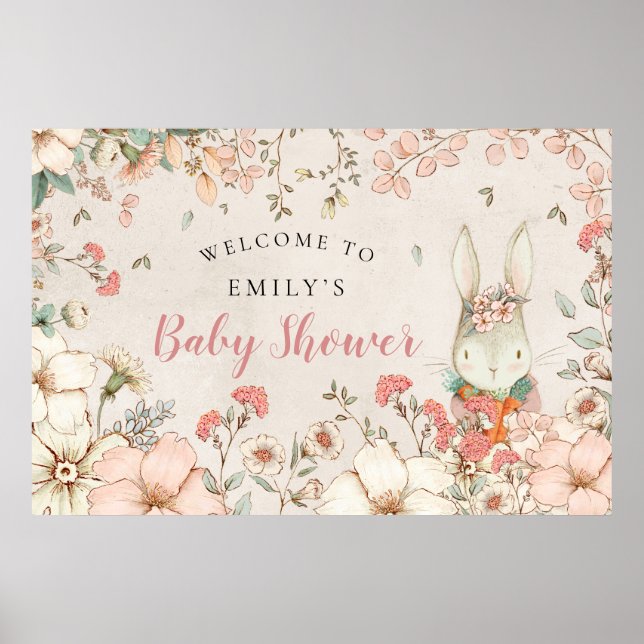 Vintage Bunny Woodland Girl Welcome Baby Shower  Poster (Front)