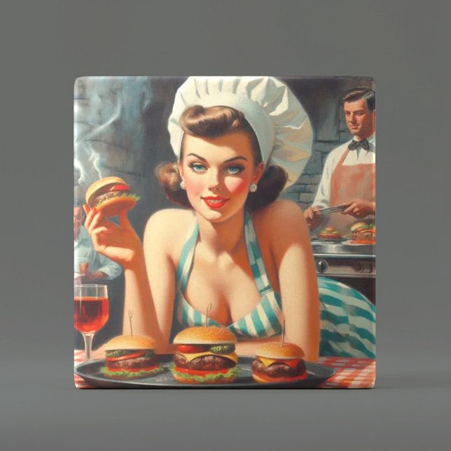 Vintage Burger BBQ Woman Tile (Creator Uploaded)