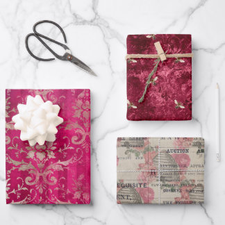 Vintage Burgindy Bee Flowers Mix and Match Wrapping Paper Sheet