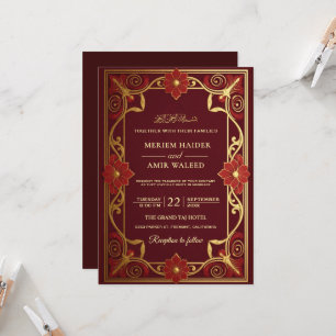 Vintage burgundy and Gold Art Deco Islamic weeding Invitation