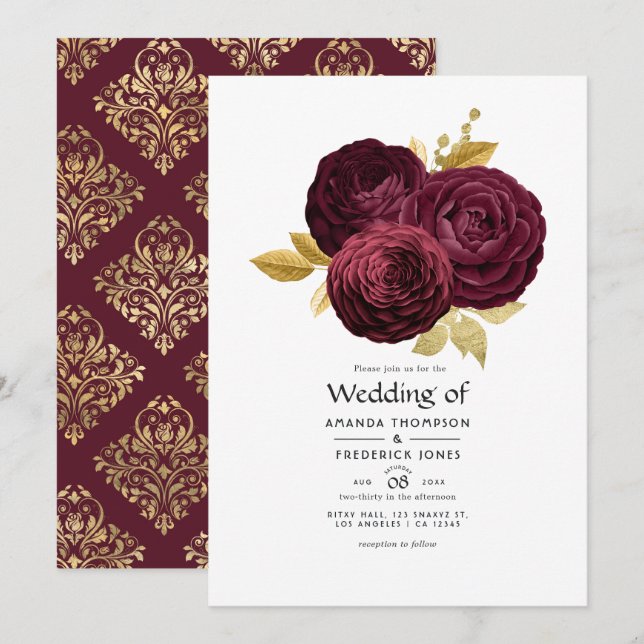 Vintage Burgundy and Gold Floral Wedding Invitation (Front/Back)